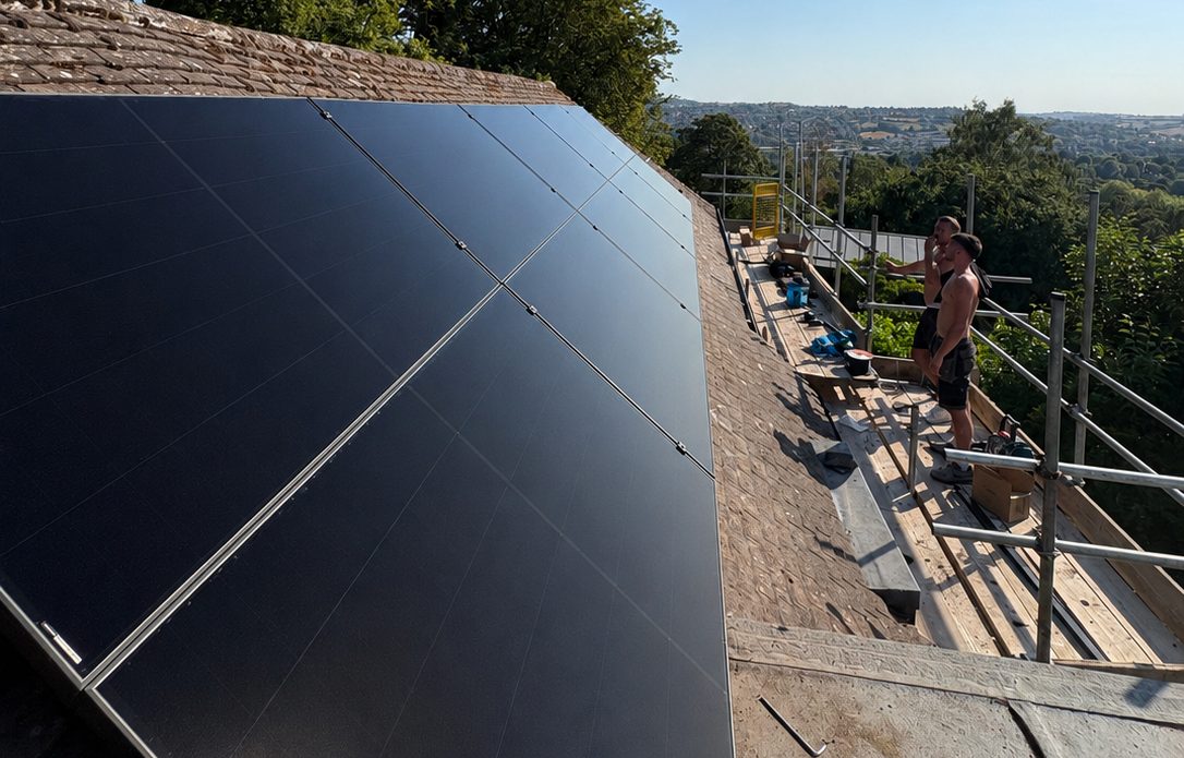 Cube Solar team installing flush in-roof solar panels on a stone-tiled roof overlooking the Somerset countryside
